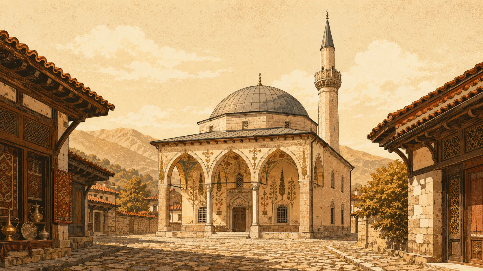 A single-domed Ottoman mosque with a low lead-grey dome and a slim minaret, its three-arched porch painted with cypresses and flowers, at the head of the cobbled bazaar.