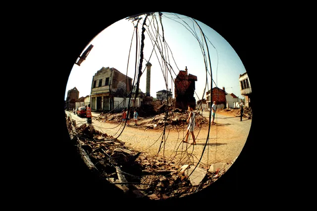 Gjakova's old town in ruins after the 1999 fire that burned the Hadum library.