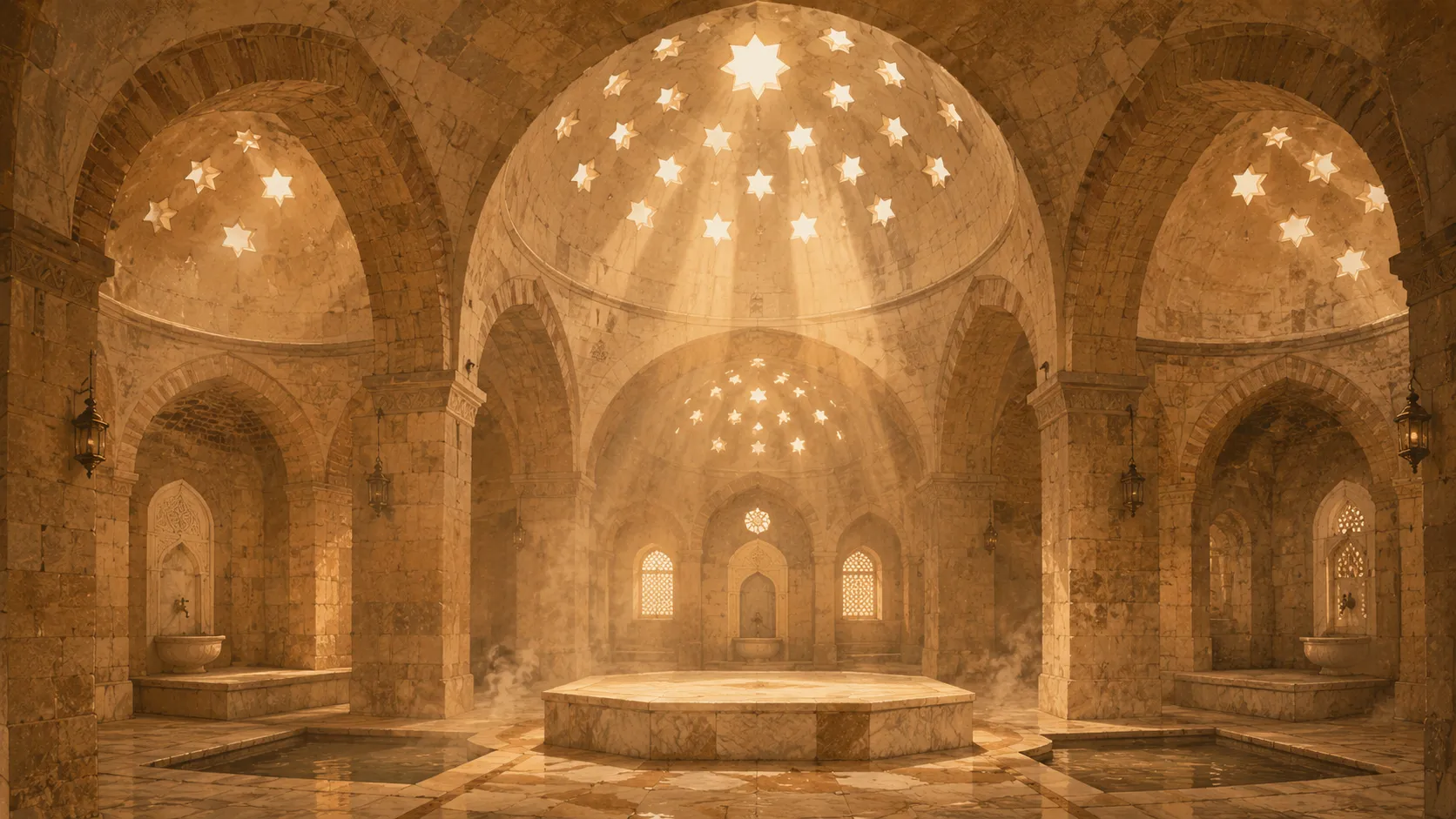 The domed interior of an old Ottoman bathhouse, soft beams of light falling through star-shaped skylights in the steam.