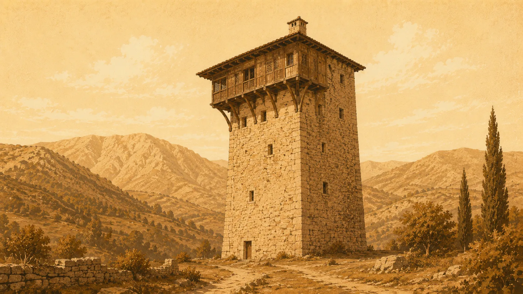 A tall, narrow fortified stone tower-house with thick tapering walls, small high window-slits and a projecting timber gallery, set in highland country.