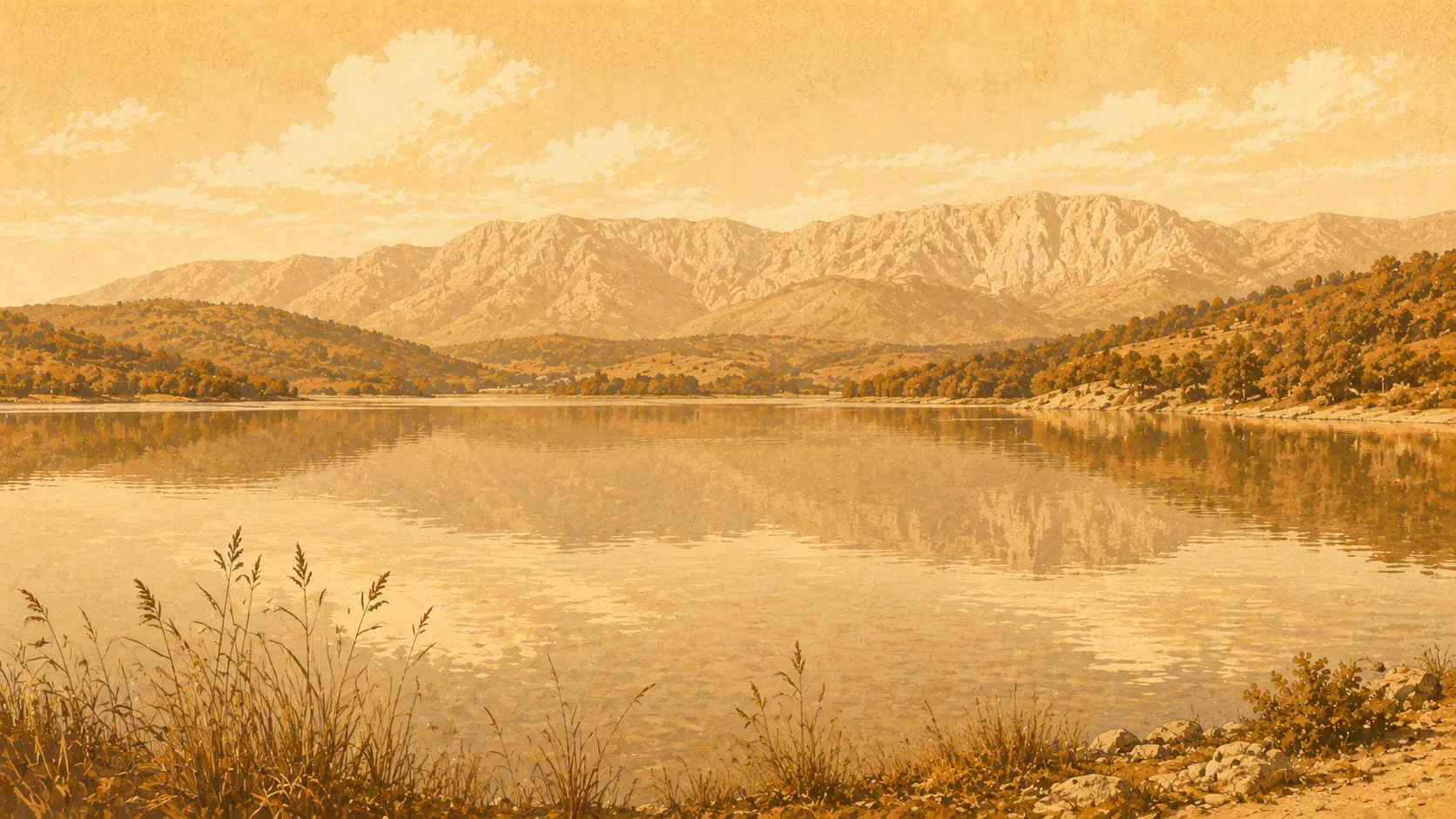 A broad, calm reservoir at golden hour, wooded hills and a distant grey mountain wall behind, reeds in the foreground.